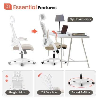 High Back Ergonomic Desk Chair Office Chair, Breathable Mesh Desk Chair with Adjustable Lumbar Support and Headrest, Gray